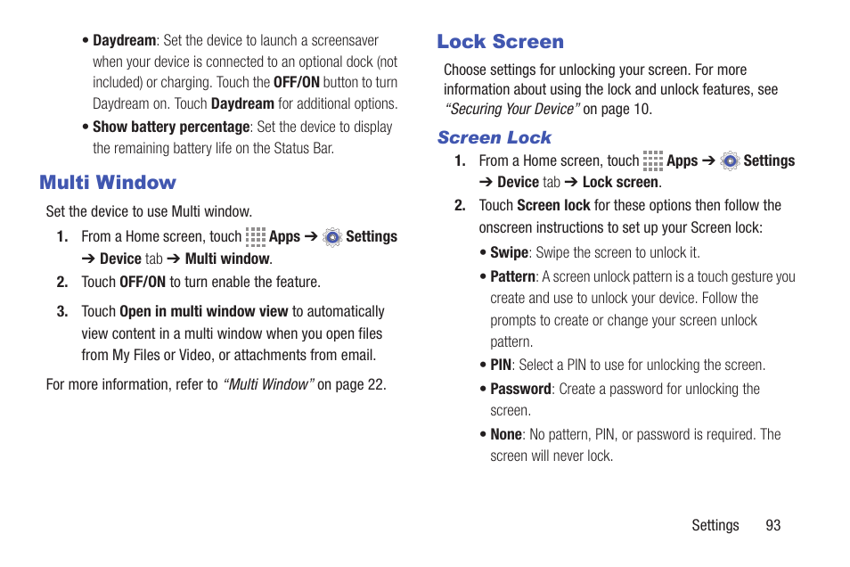 Multi window, Lock screen, Screen lock | Multi window lock screen | Samsung SM-T537RYKAUSC User Manual | Page 99 / 126