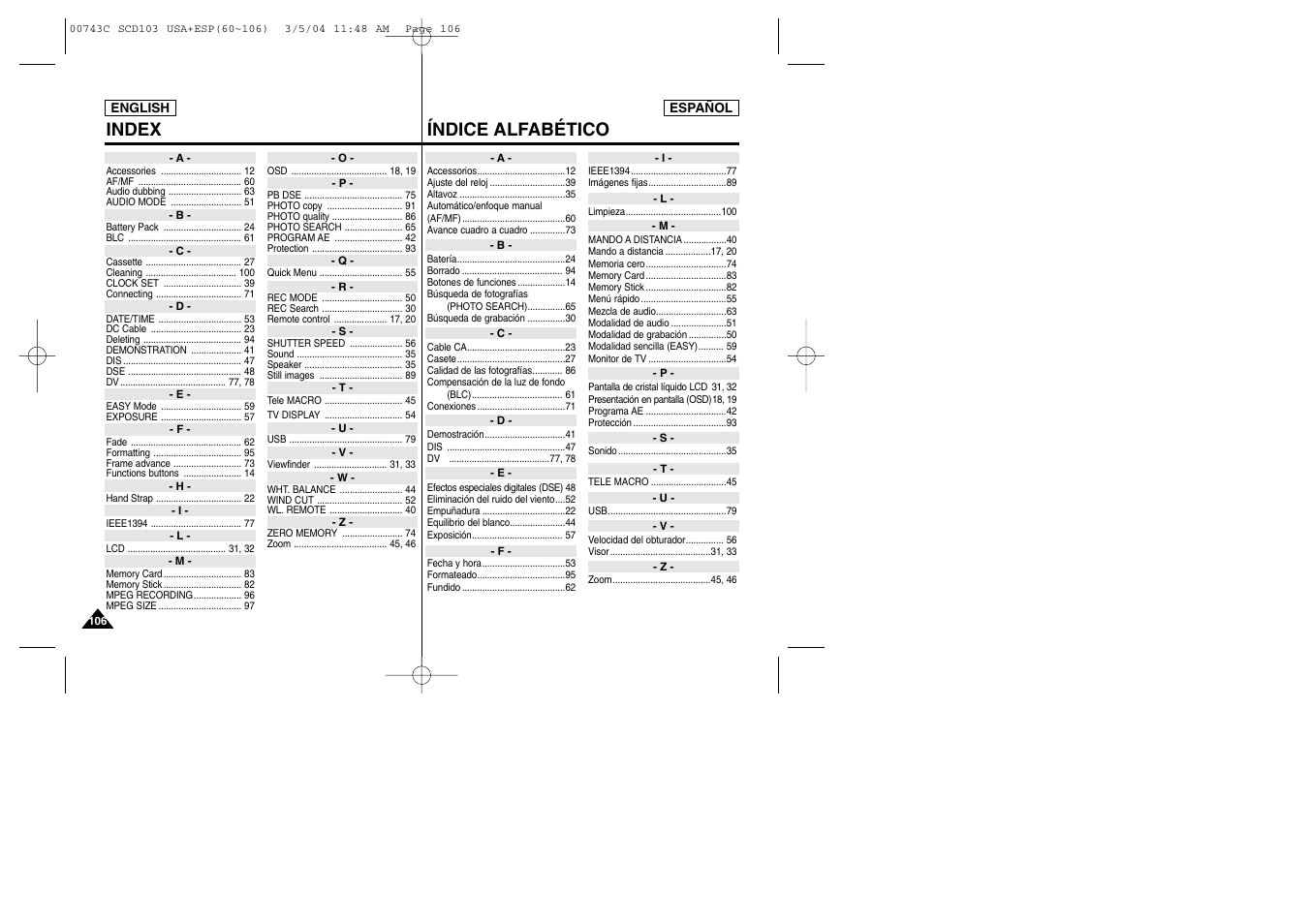 Índice alfabético index | Samsung SC-D105-AFS User Manual | Page 106 / 107