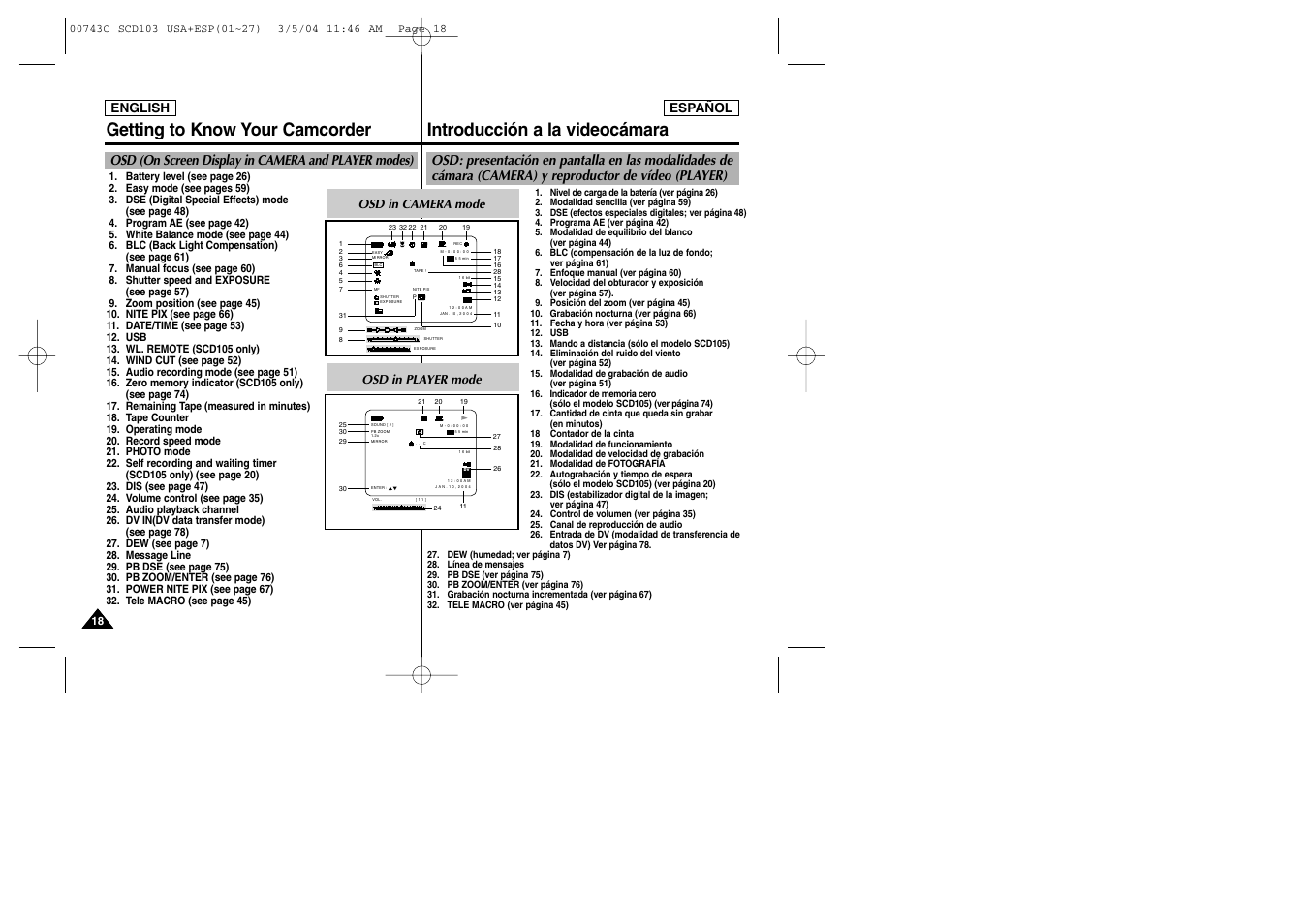 Osd (on screen display in camera and player modes), English español, Osd in camera mode | Osd in player mode | Samsung SC-D105-AFS User Manual | Page 18 / 107