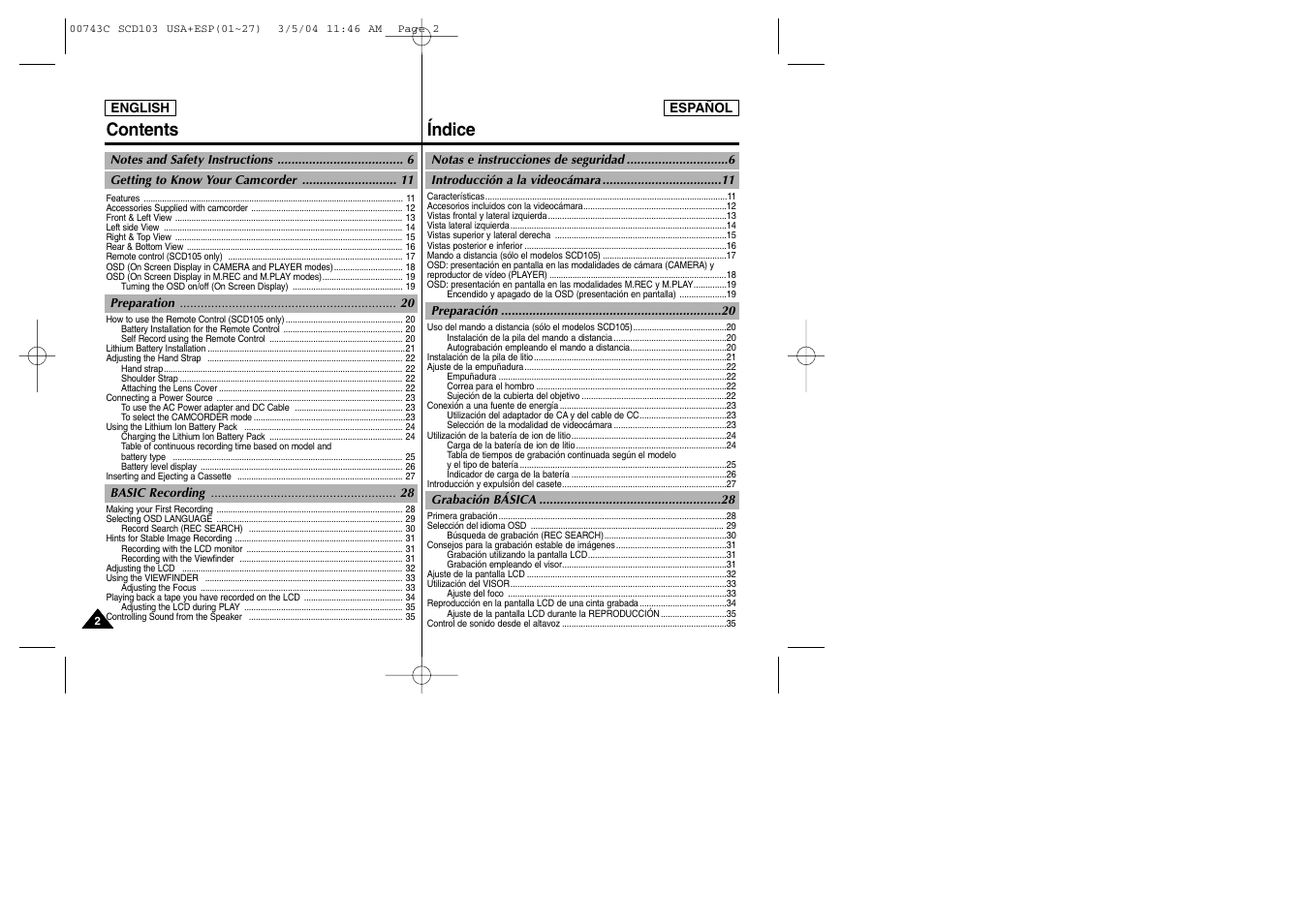 Índice contents | Samsung SC-D105-AFS User Manual | Page 2 / 107