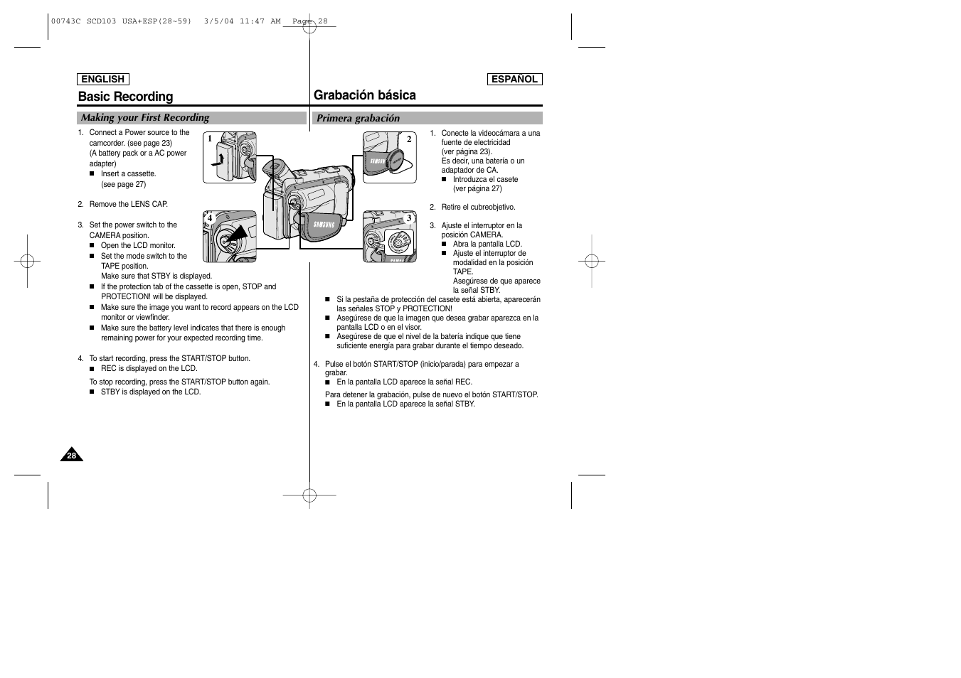 Basic recording, Grabación básica | Samsung SC-D105-AFS User Manual | Page 28 / 107