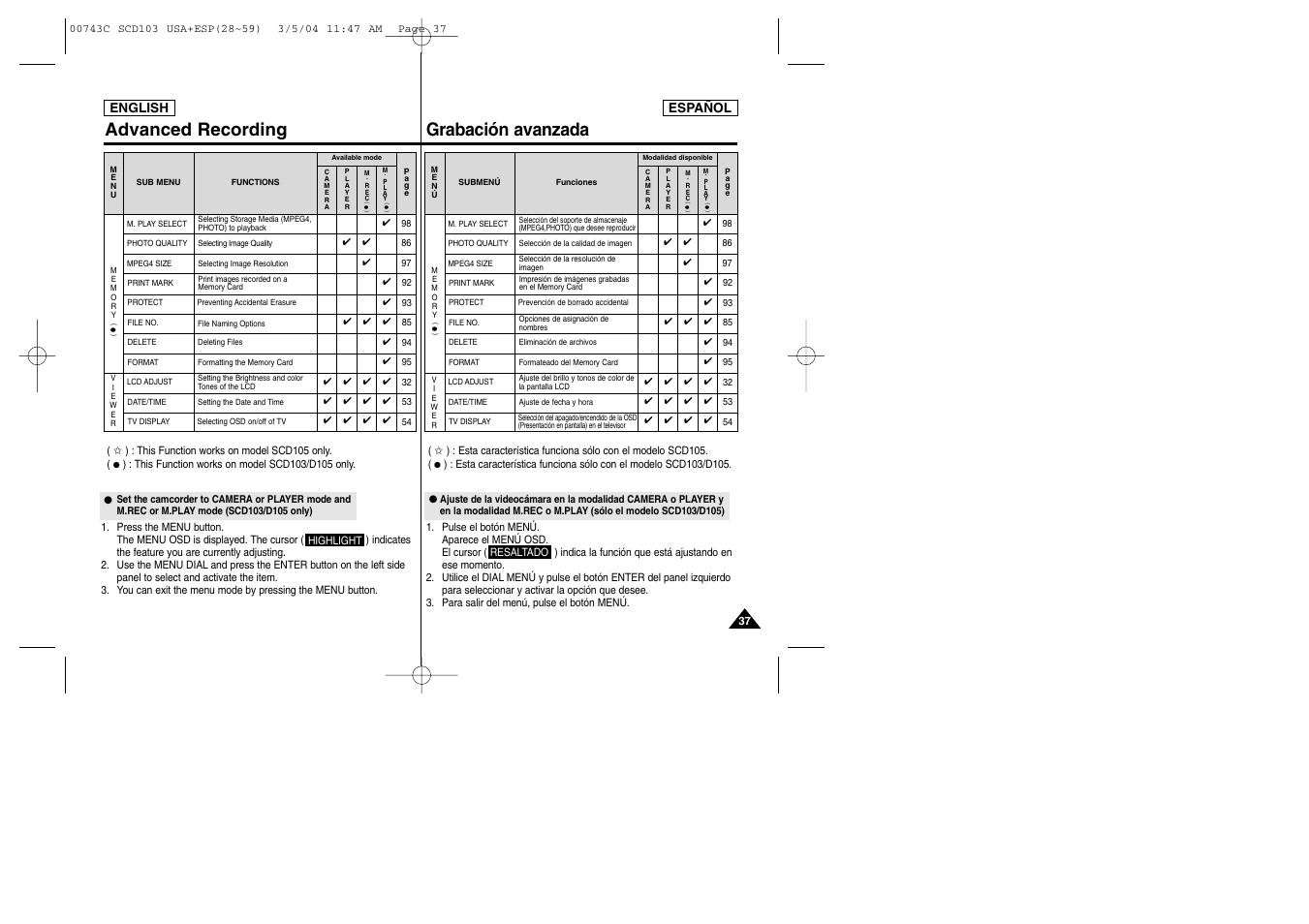 Advanced recording grabación avanzada | Samsung SC-D105-AFS User Manual | Page 37 / 107