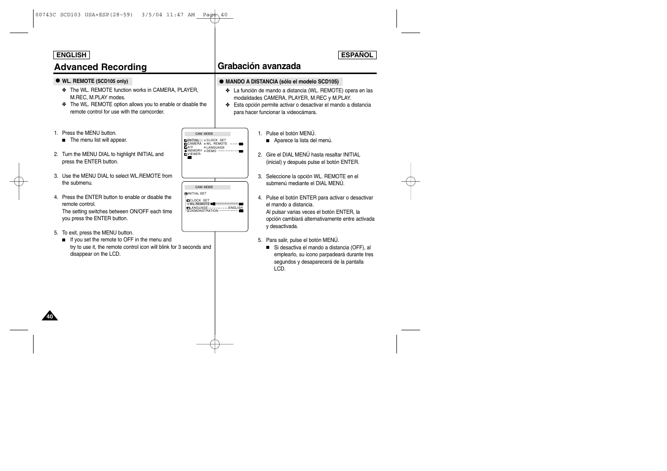 Advanced recording grabación avanzada | Samsung SC-D105-AFS User Manual | Page 40 / 107