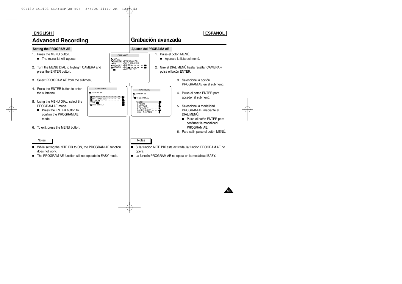 Advanced recording grabación avanzada | Samsung SC-D105-AFS User Manual | Page 43 / 107