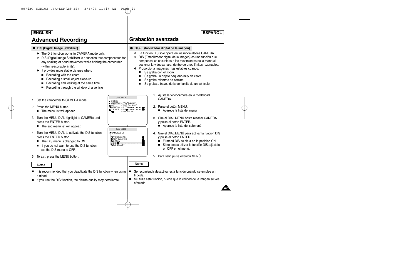 Advanced recording grabación avanzada | Samsung SC-D105-AFS User Manual | Page 47 / 107