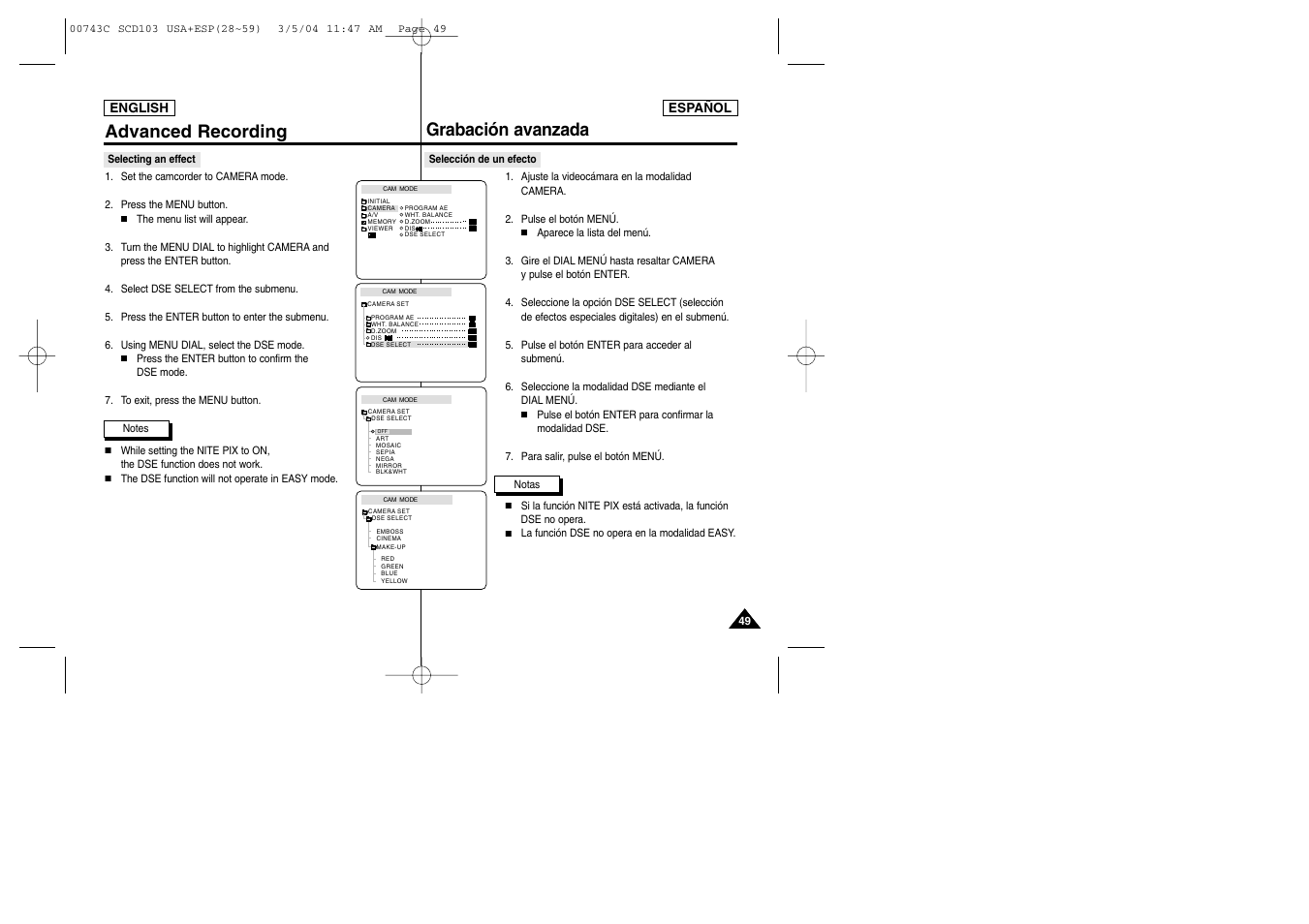 Advanced recording grabación avanzada | Samsung SC-D105-AFS User Manual | Page 49 / 107