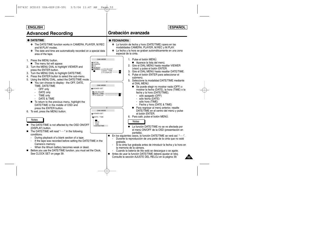 Grabación avanzada advanced recording | Samsung SC-D105-AFS User Manual | Page 53 / 107