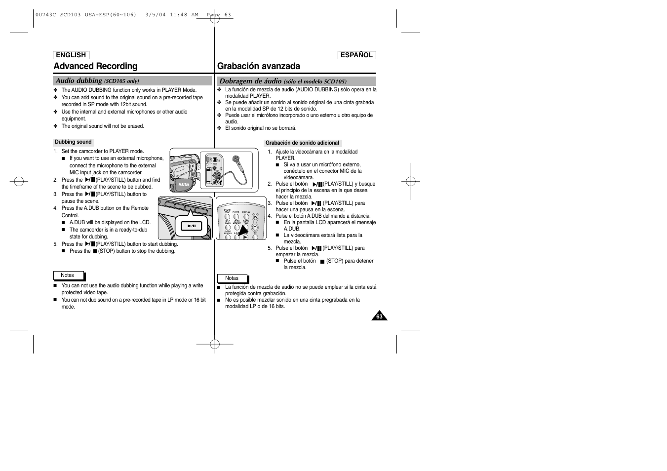 Dv usb audio /video s-video mic, Grabación avanzada advanced recording | Samsung SC-D105-AFS User Manual | Page 63 / 107