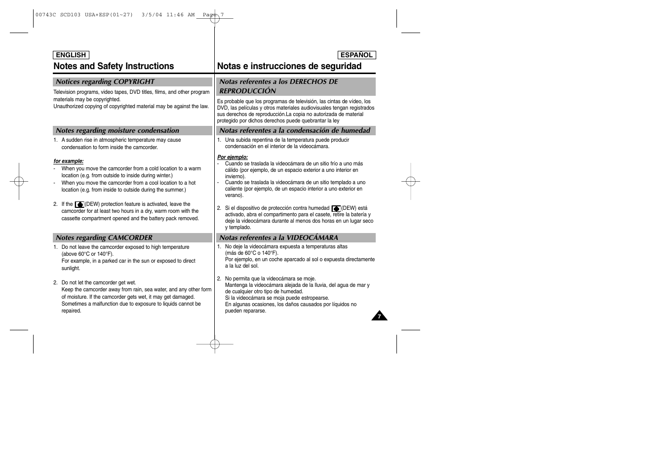 Notas e instrucciones de seguridad | Samsung SC-D105-AFS User Manual | Page 7 / 107