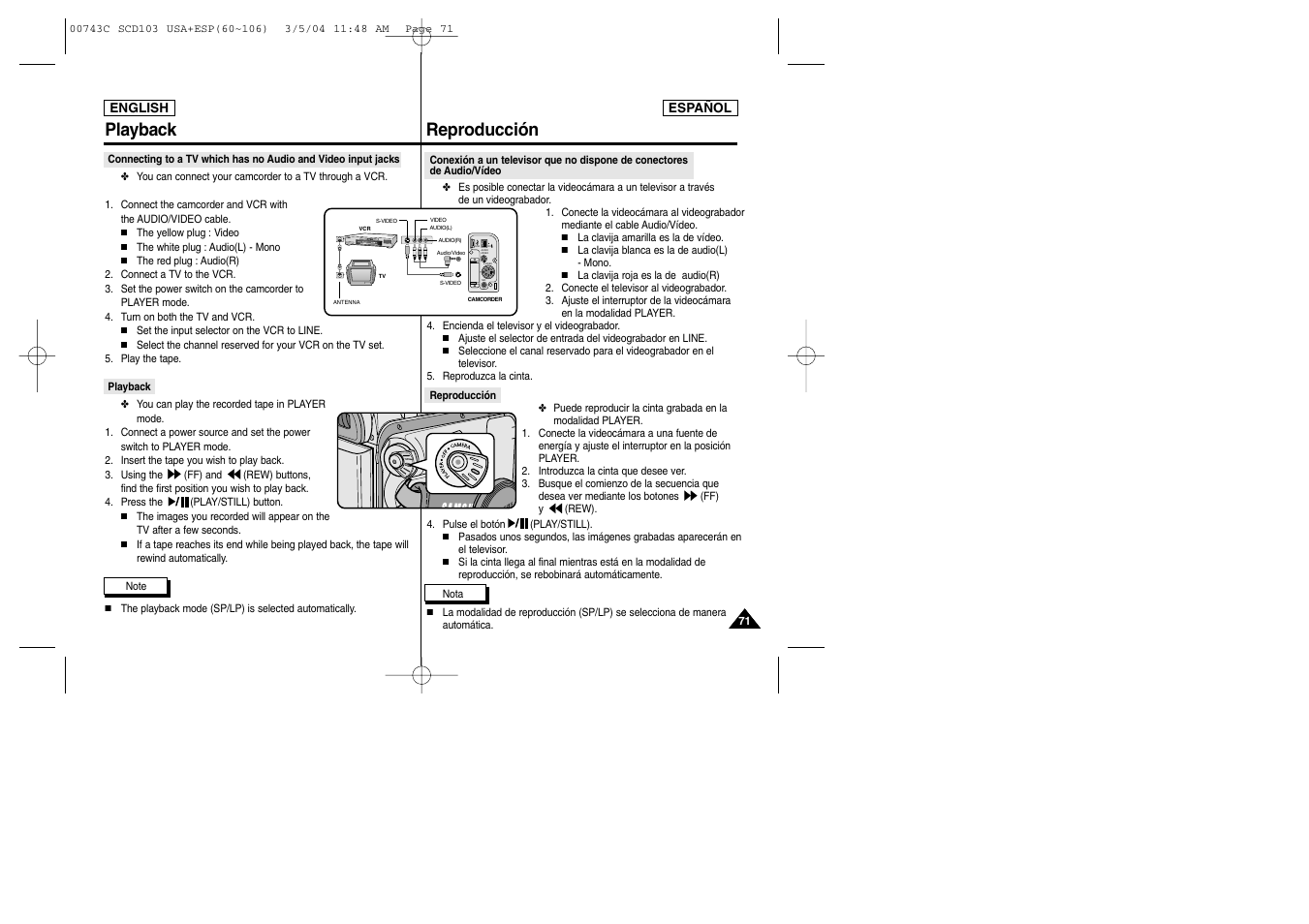 Dv usb audio /video s-video mic, Reproducción playback | Samsung SC-D105-AFS User Manual | Page 71 / 107