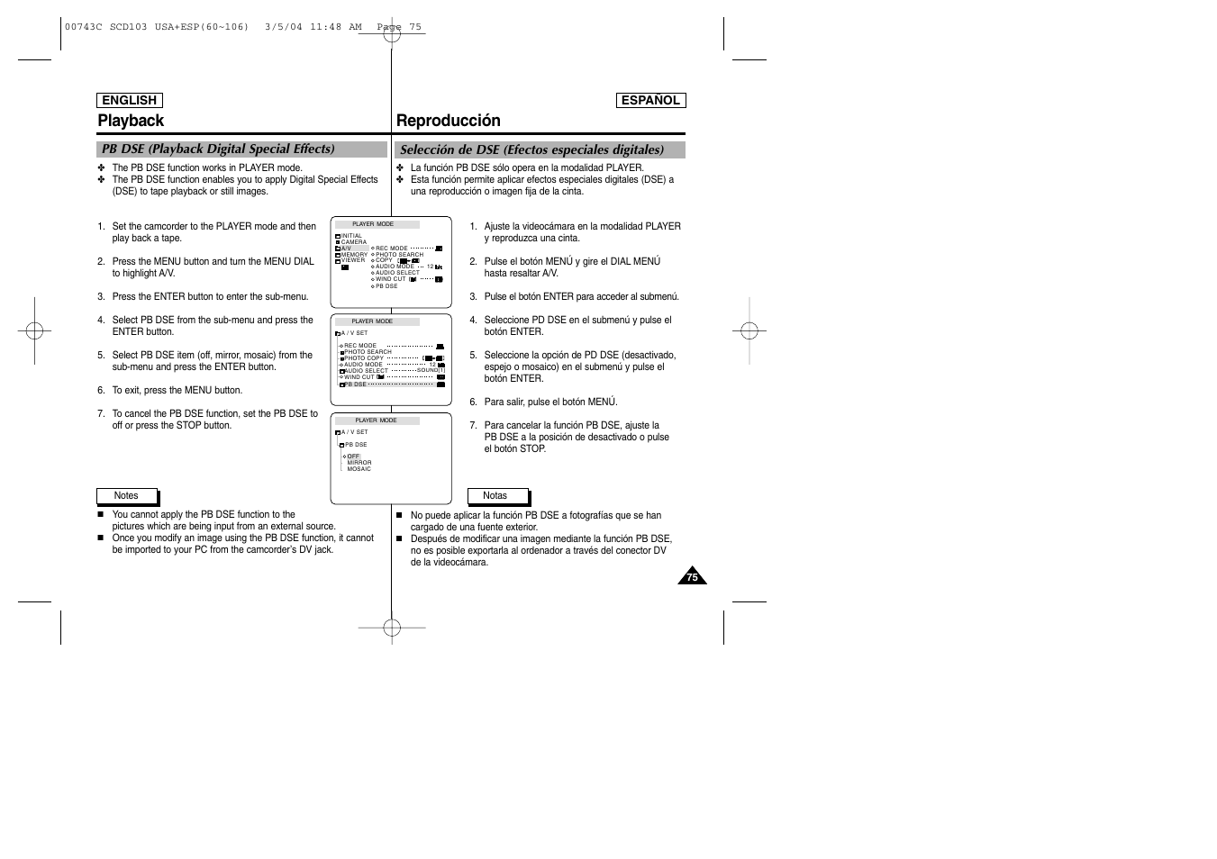 Reproducción playback | Samsung SC-D105-AFS User Manual | Page 75 / 107