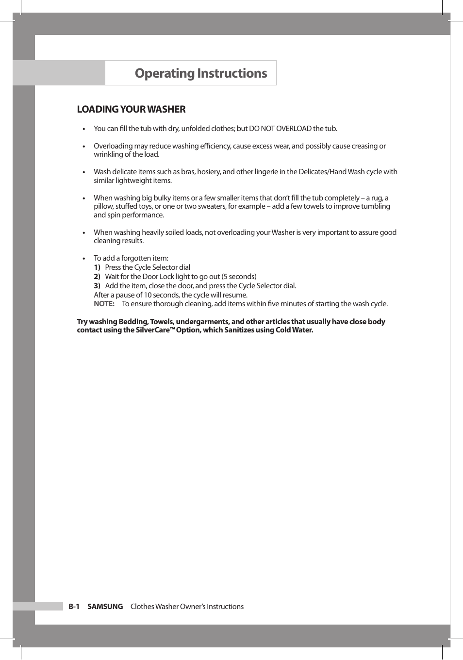 Operating instructions, Loading your washer | Samsung WF306LAW-XAA User Manual | Page 10 / 32