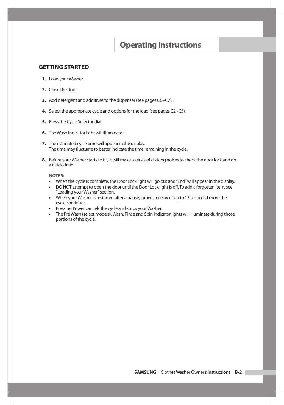 Operating instructions, Getting started | Samsung WF306LAW-XAA User Manual | Page 11 / 32