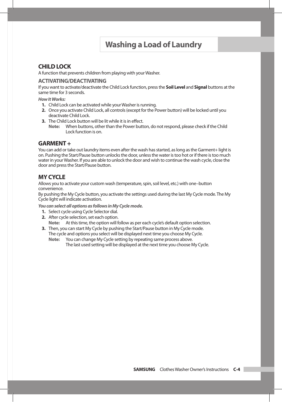 Washing a load of laundry, Child lock, Garment | My cycle | Samsung WF306LAW-XAA User Manual | Page 15 / 32