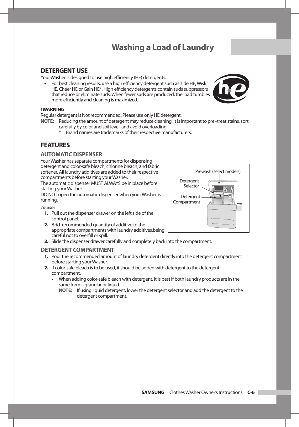 Washing a load of laundry, Detergent use, Features | Samsung WF306LAW-XAA User Manual | Page 17 / 32