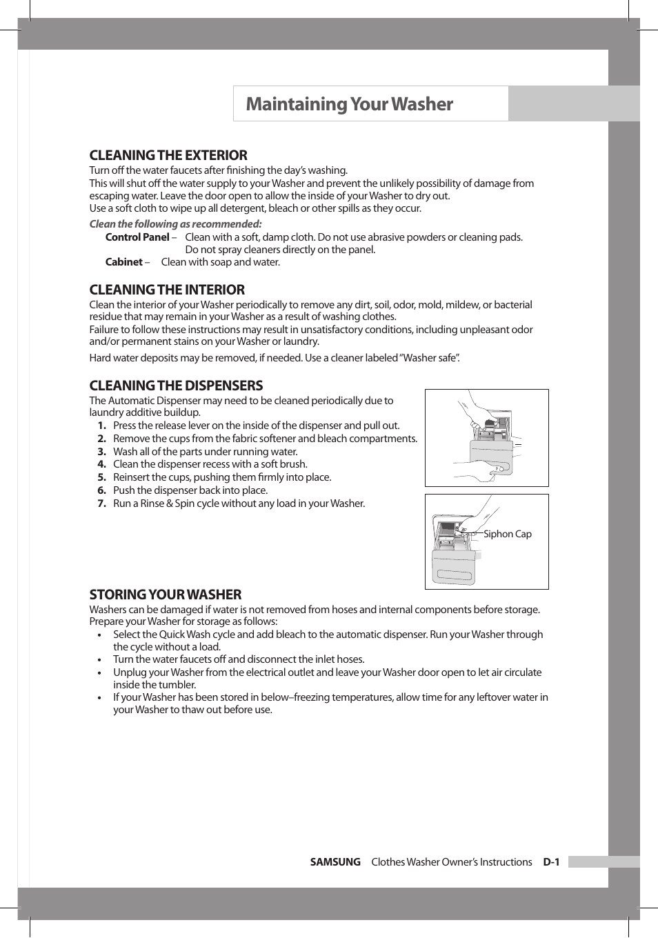 Maintaining your washer, Cleaning the exterior, Cleaning the interior | Cleaning the dispensers, Storing your washer | Samsung WF306LAW-XAA User Manual | Page 19 / 32