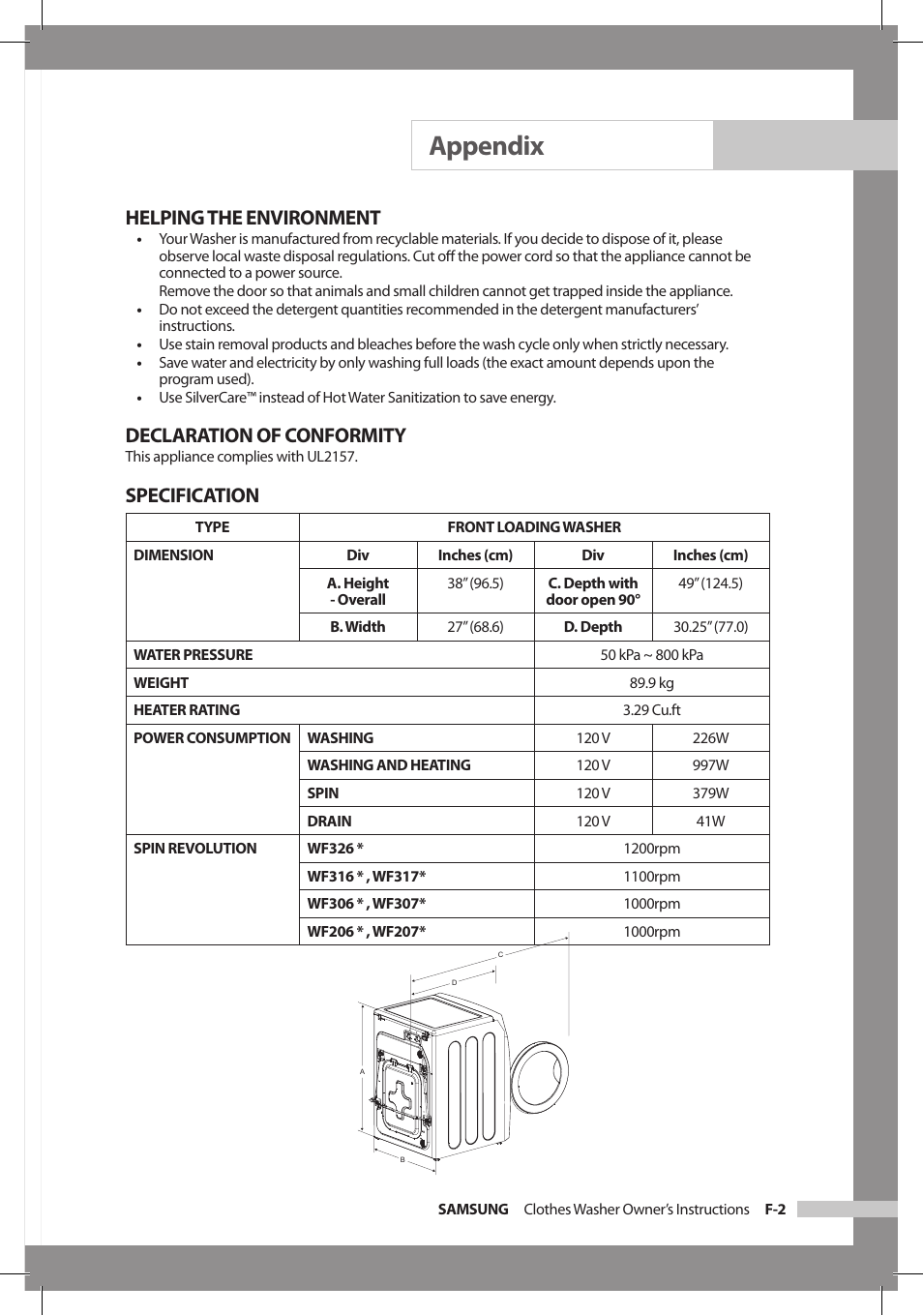 Appendix, Helping the environment, Declaration of conformity | Specification | Samsung WF306LAW-XAA User Manual | Page 25 / 32