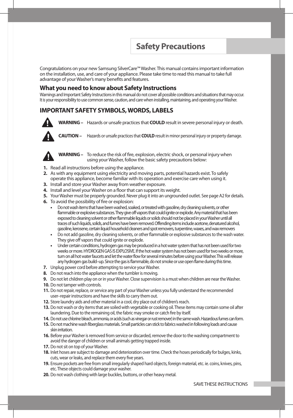 Safety precautions, What you need to know about safety instructions, Important safety symbols, words, labels | Samsung WF306LAW-XAA User Manual | Page 3 / 32