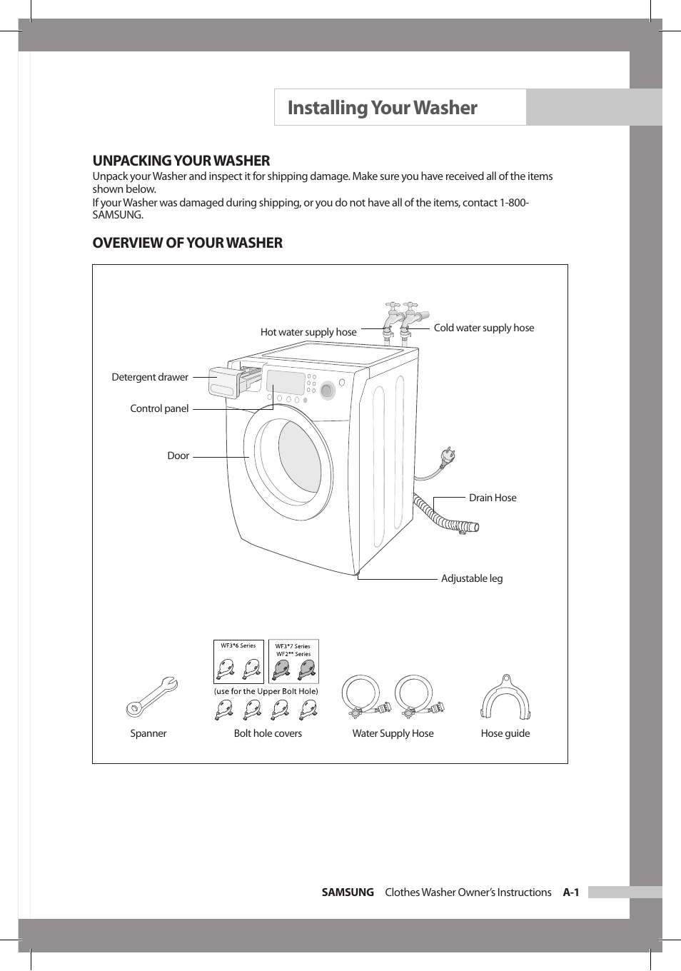 Installing your washer, Unpacking your washer, Overview of your washer | Samsung WF306LAW-XAA User Manual | Page 5 / 32
