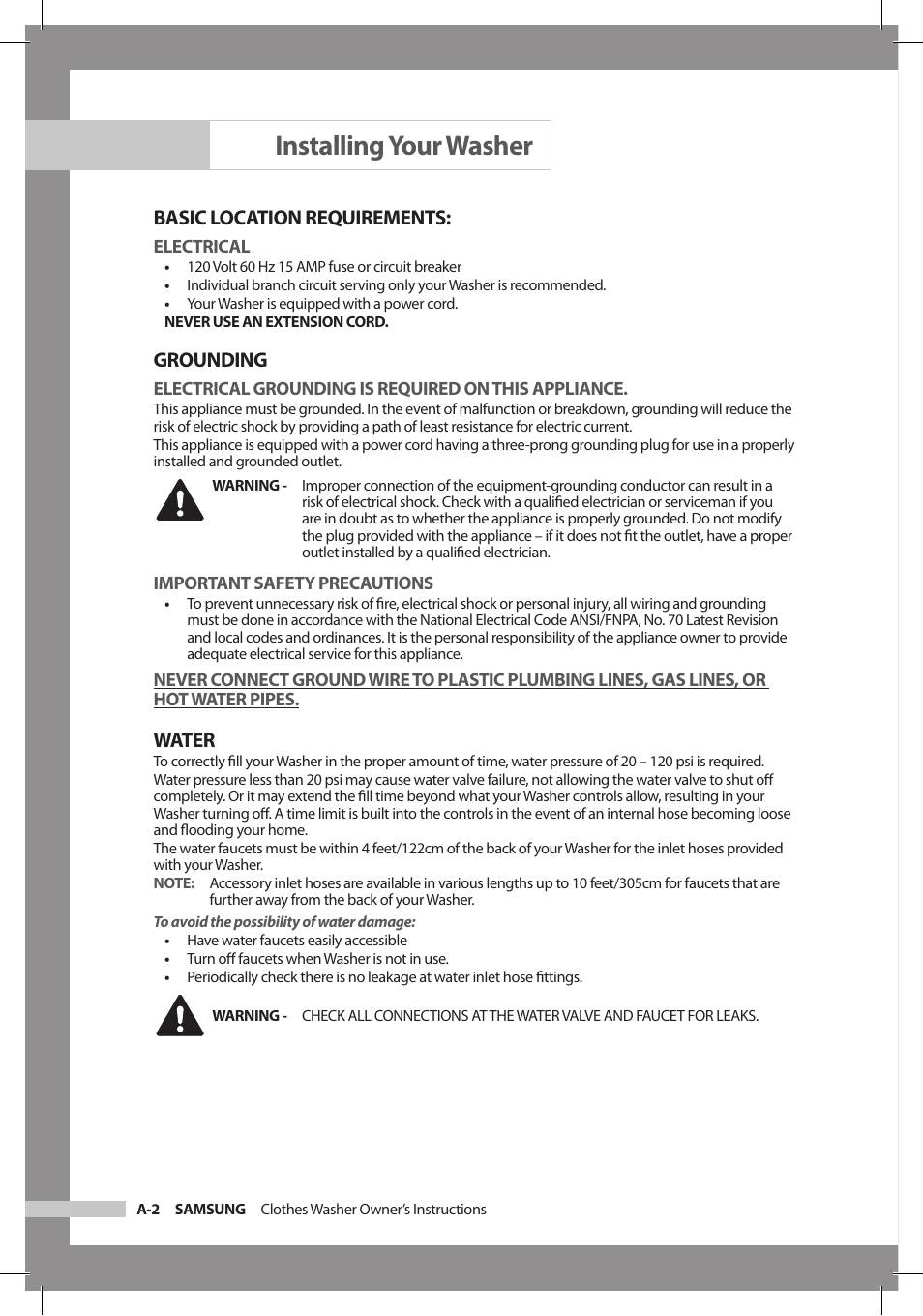 Installing your washer, Basic location requirements, Grounding | Water | Samsung WF306LAW-XAA User Manual | Page 6 / 32