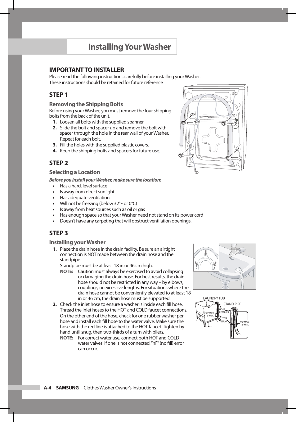 Important to installer, Step 1, Step 2 | Step 3, Removing the shipping bolts, Selecting a location, Installing your washer | Samsung WF306LAW-XAA User Manual | Page 8 / 32