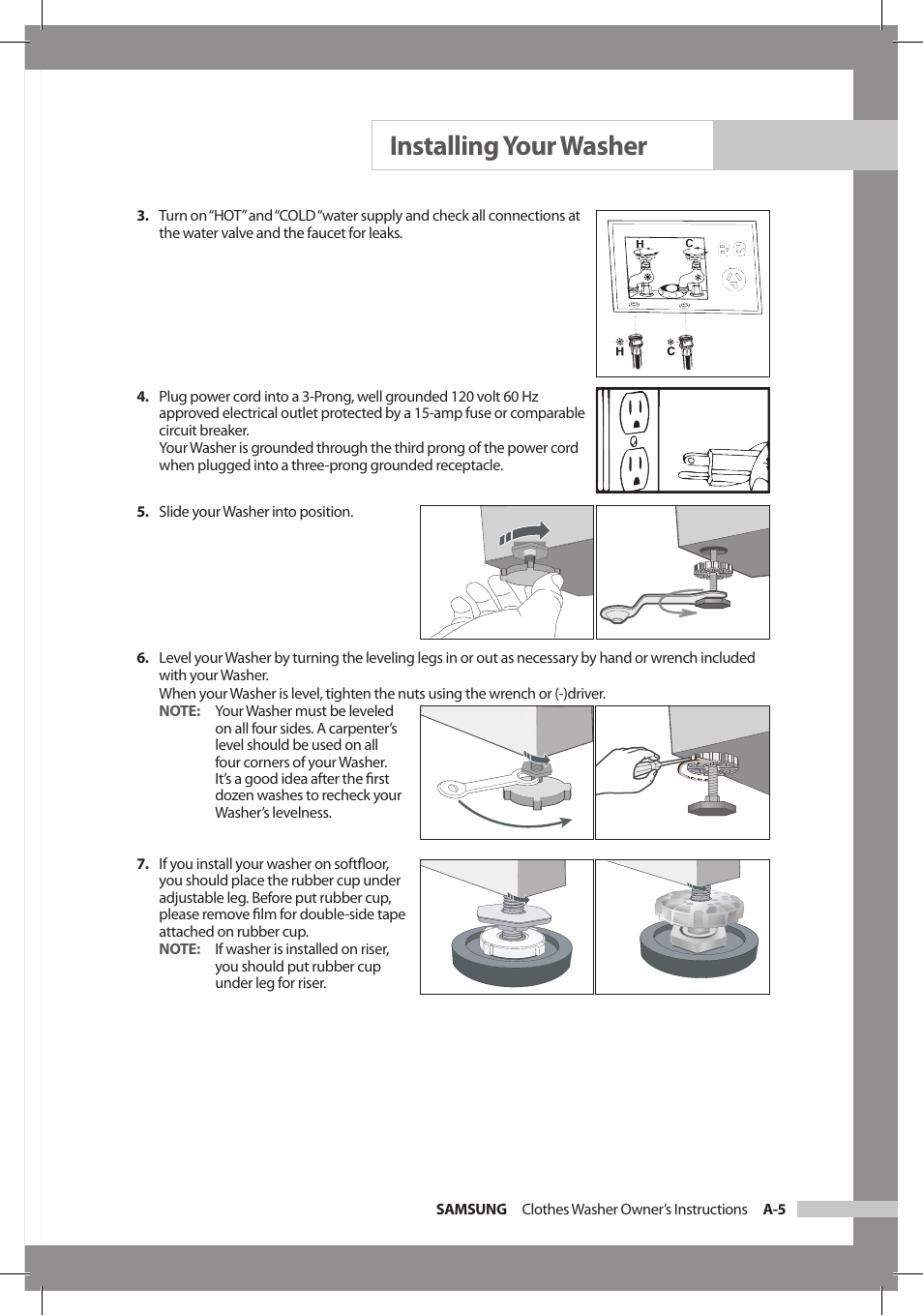 Installing your washer | Samsung WF306LAW-XAA User Manual | Page 9 / 32