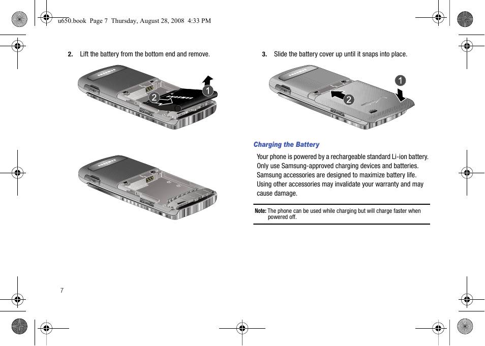 Charging the battery | Samsung SCH-U650PSAVZW User Manual | Page 10 / 156