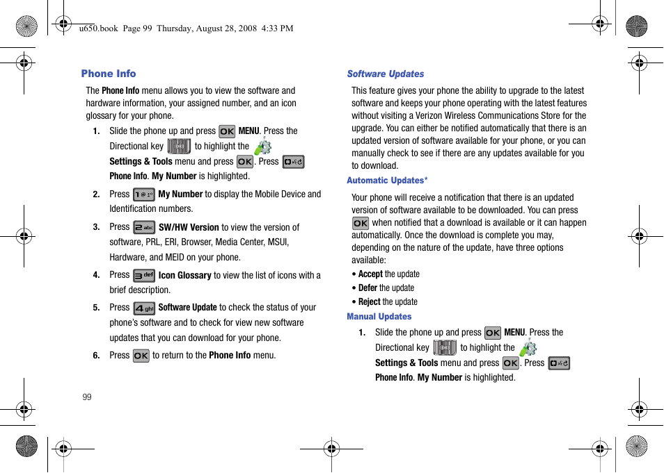 Phone info, Software updates | Samsung SCH-U650PSAVZW User Manual | Page 102 / 156