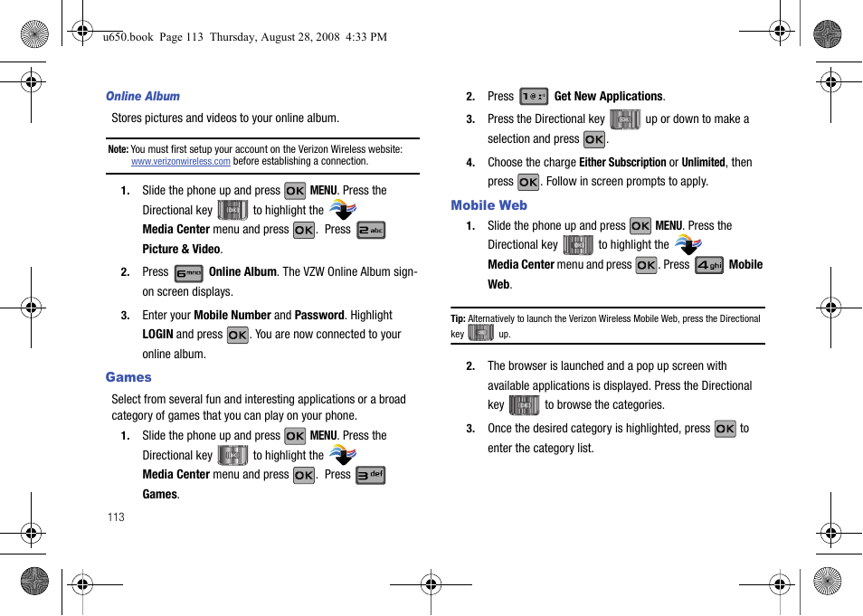 Online album, Games, Mobile web | Games mobile web | Samsung SCH-U650PSAVZW User Manual | Page 116 / 156