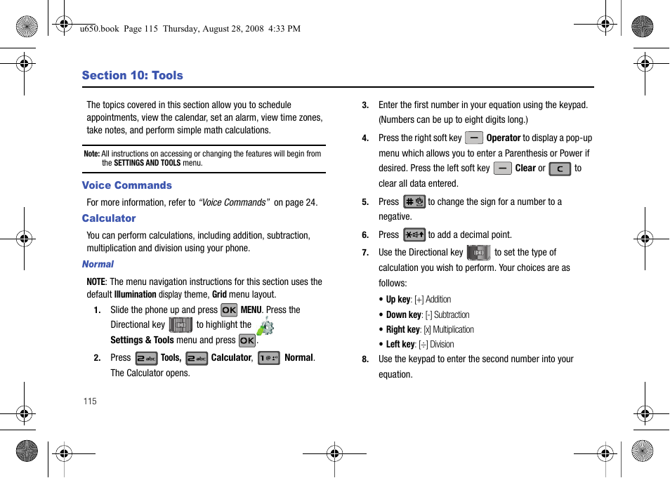 Section 10: tools, Voice commands, Calculator | Normal, Voice commands calculator | Samsung SCH-U650PSAVZW User Manual | Page 118 / 156