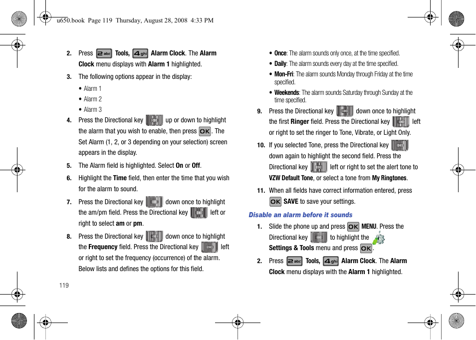 Disable an alarm before it sounds | Samsung SCH-U650PSAVZW User Manual | Page 122 / 156