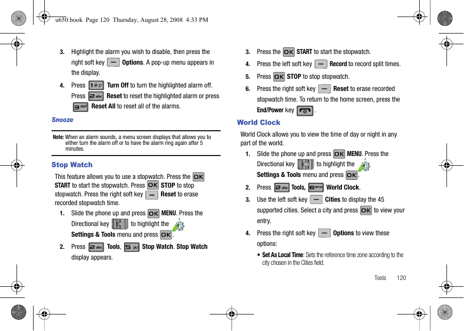 Snooze, Stop watch, World clock | Stop watch world clock, For more information, refer to “world clock” on, For more information, refer to “stop watch” on | Samsung SCH-U650PSAVZW User Manual | Page 123 / 156