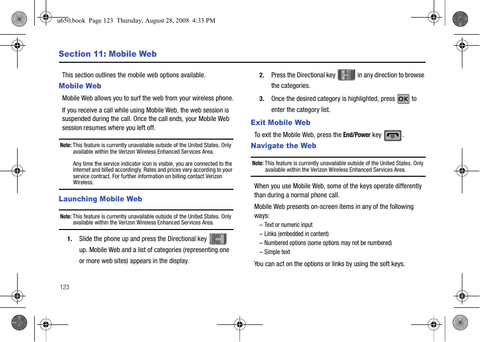 Section 11: mobile web, Mobile web, Launching mobile web | Exit mobile web, Navigate the web | Samsung SCH-U650PSAVZW User Manual | Page 126 / 156