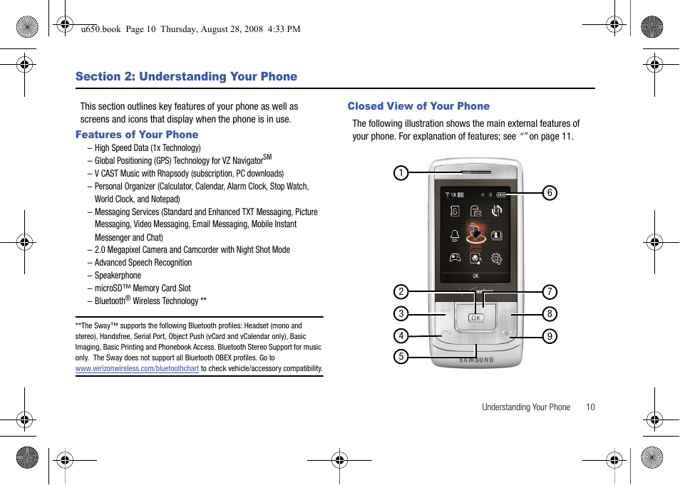 Section 2: understanding your phone, Features of your phone, Closed view of your phone | Features of your phone closed view of your phone | Samsung SCH-U650PSAVZW User Manual | Page 13 / 156