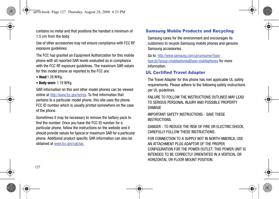 Samsung mobile products and recycling, Ul certified travel adapter | Samsung SCH-U650PSAVZW User Manual | Page 130 / 156