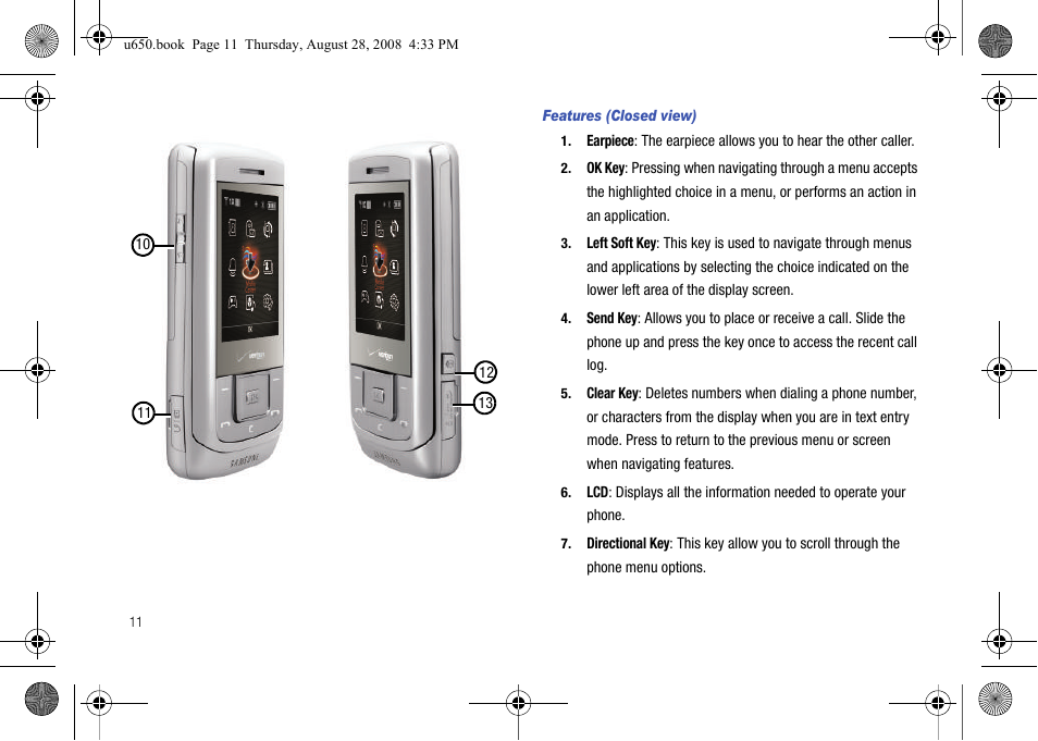 Features (closed view) | Samsung SCH-U650PSAVZW User Manual | Page 14 / 156