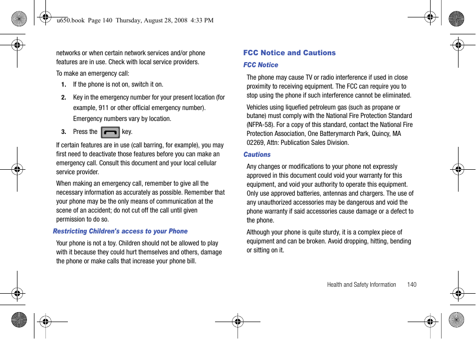 Restricting children's access to your phone, Fcc notice and cautions, Fcc notice | Cautions | Samsung SCH-U650PSAVZW User Manual | Page 143 / 156