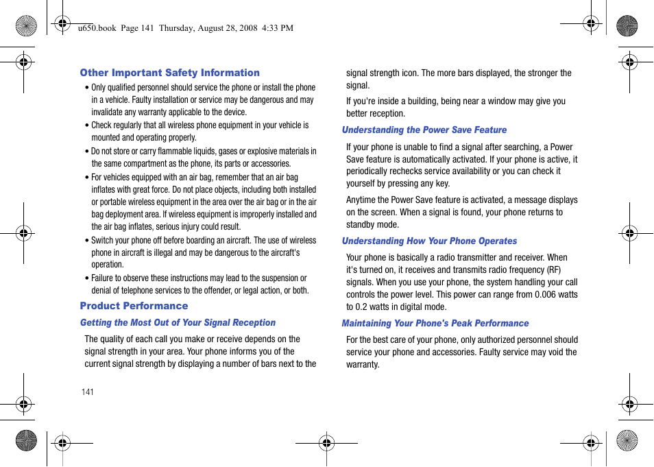 Other important safety information, Product performance, Getting the most out of your signal reception | Understanding the power save feature, Understanding how your phone operates, Maintaining your phone's peak performance | Samsung SCH-U650PSAVZW User Manual | Page 144 / 156