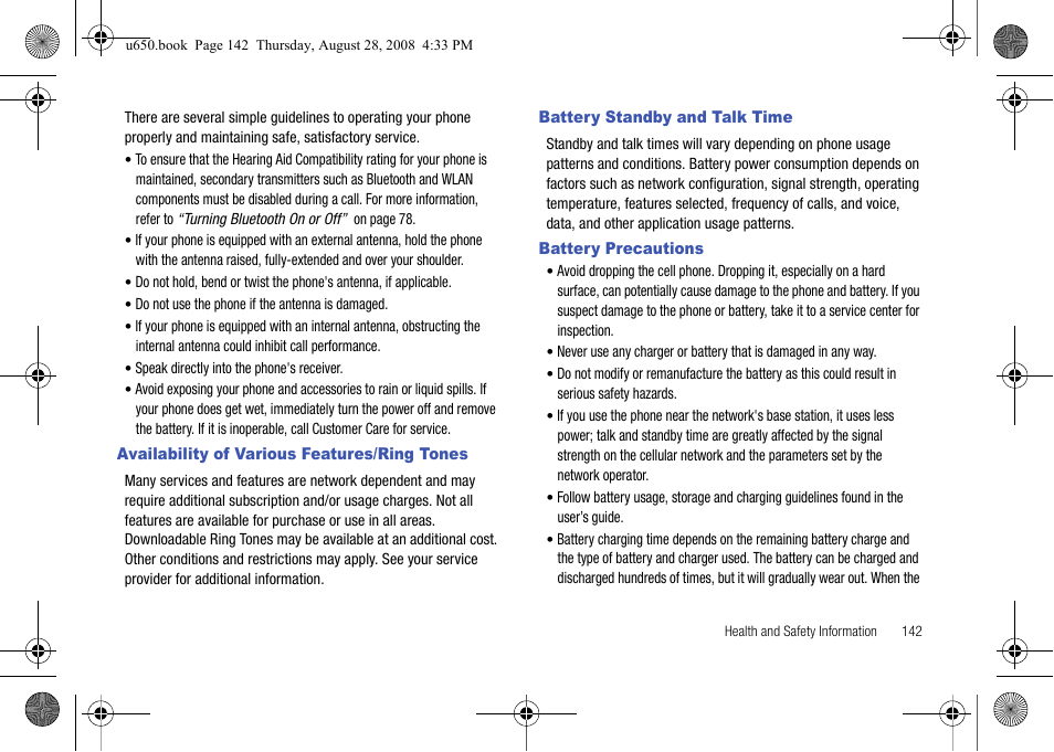 Availability of various features/ring tones, Battery standby and talk time, Battery precautions | Samsung SCH-U650PSAVZW User Manual | Page 145 / 156