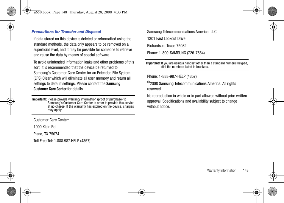 Precautions for transfer and disposal | Samsung SCH-U650PSAVZW User Manual | Page 151 / 156