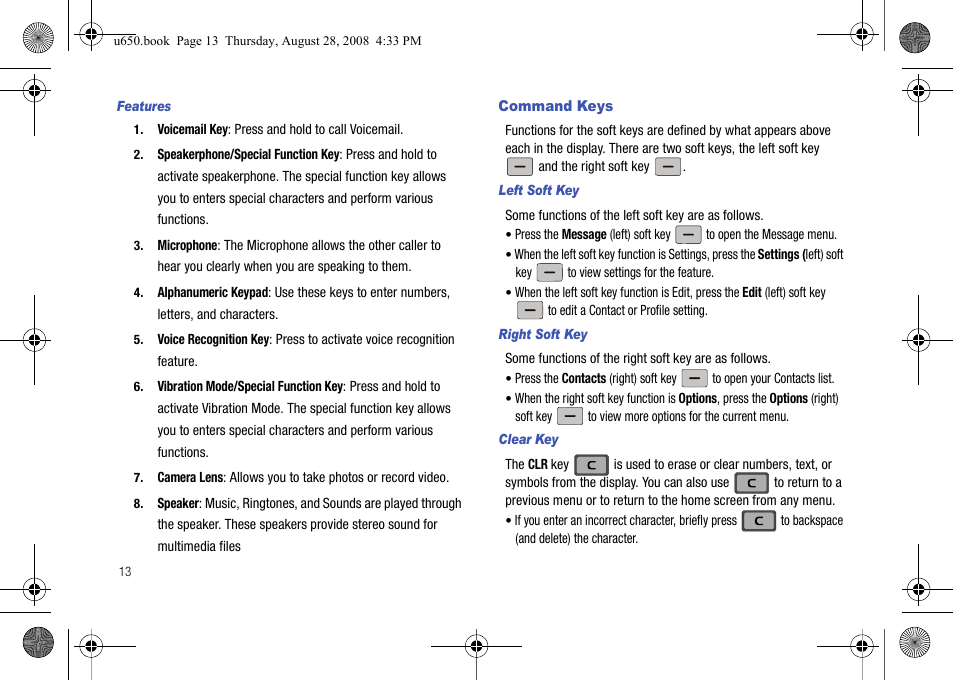 Features, Command keys, Left soft key | Right soft key, Clear key | Samsung SCH-U650PSAVZW User Manual | Page 16 / 156