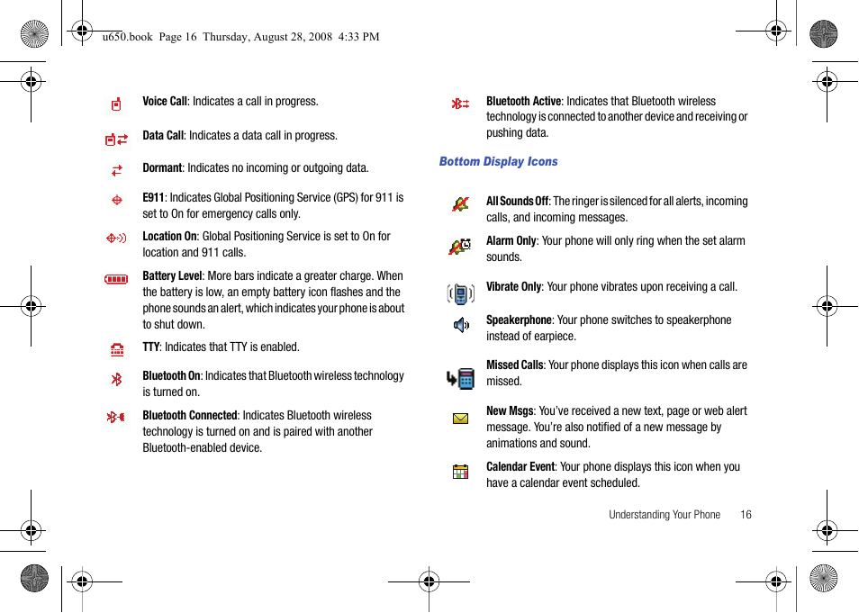 Bottom display icons | Samsung SCH-U650PSAVZW User Manual | Page 19 / 156