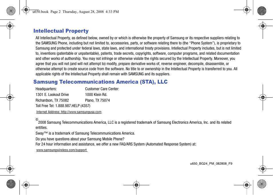 Intellectual property, Samsung telecommunications america (sta), llc | Samsung SCH-U650PSAVZW User Manual | Page 2 / 156