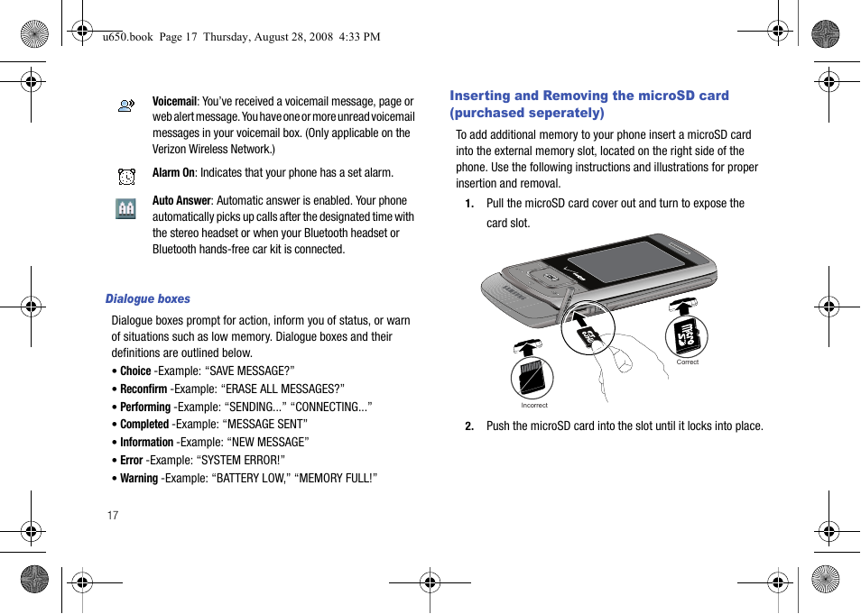 Dialogue boxes, Inserting and removing the microsd card, Purchased seperately) | Samsung SCH-U650PSAVZW User Manual | Page 20 / 156