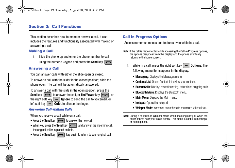 Section 3: call functions, Making a call, Answering a call | Answering call-waiting calls, Call in-progress options | Samsung SCH-U650PSAVZW User Manual | Page 22 / 156