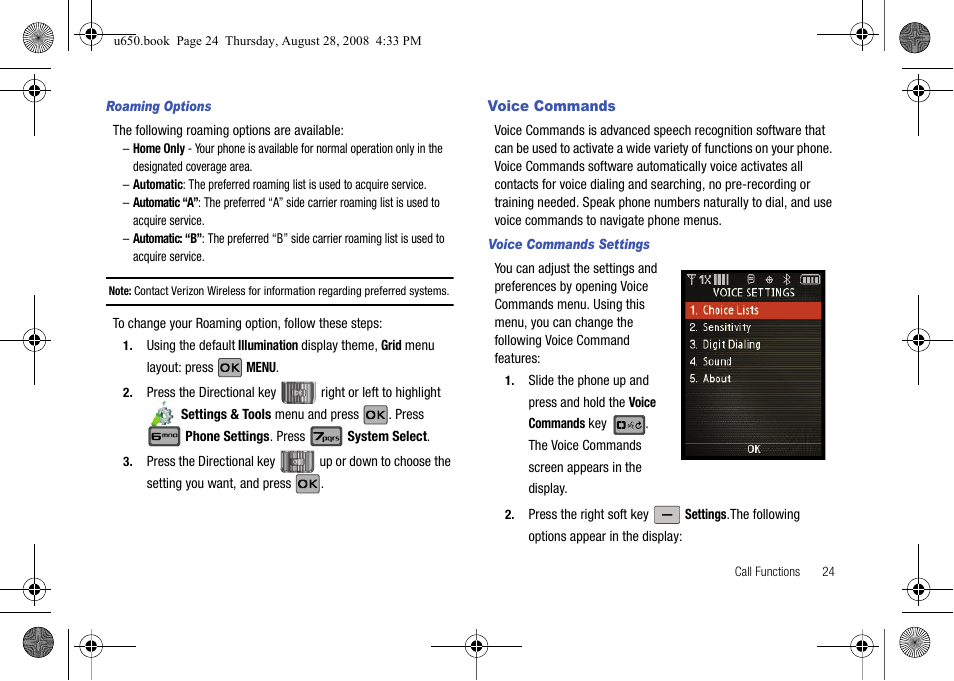 Roaming options, Voice commands, Voice commands settings | Samsung SCH-U650PSAVZW User Manual | Page 27 / 156