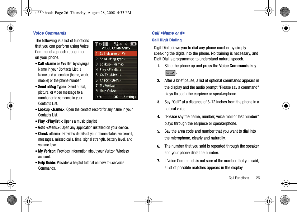 Voice commands, Call <name or | Samsung SCH-U650PSAVZW User Manual | Page 29 / 156