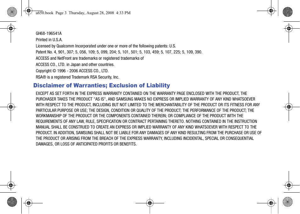 Disclaimer of warranties; exclusion of liability | Samsung SCH-U650PSAVZW User Manual | Page 3 / 156