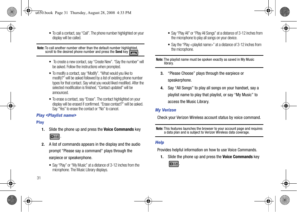 Play <playlist name, My verizon, Help | Samsung SCH-U650PSAVZW User Manual | Page 34 / 156