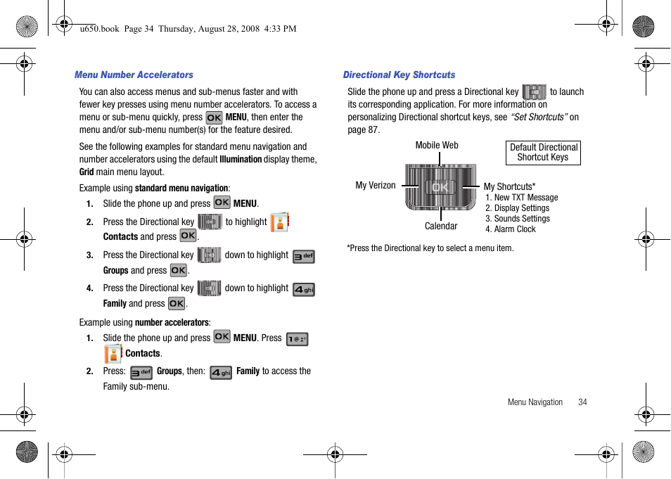 Menu number accelerators, Directional key shortcuts | Samsung SCH-U650PSAVZW User Manual | Page 37 / 156